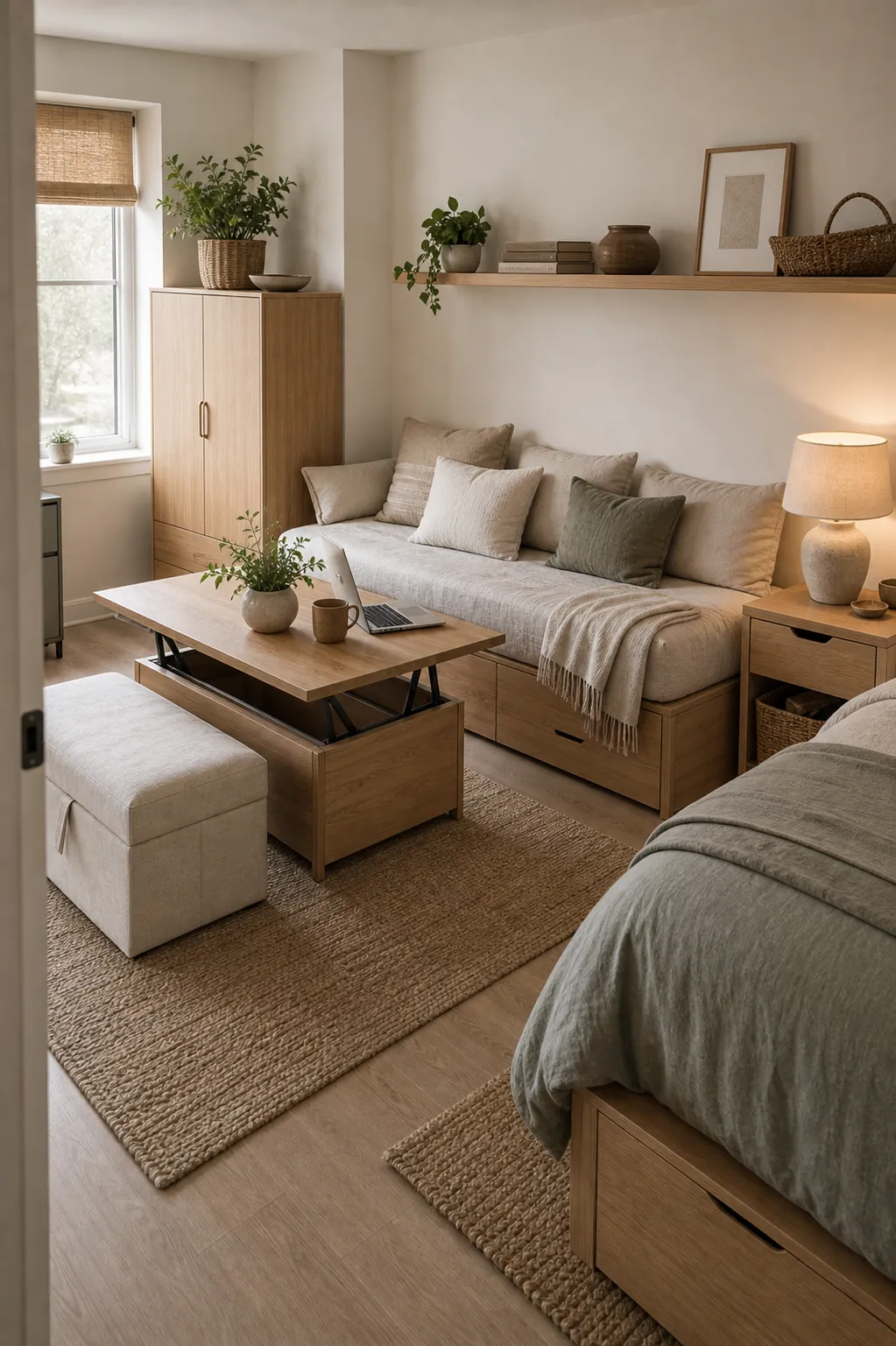 Multi purpose storage furniture in a studio apartment with sofa, nesting table, and hidden storage