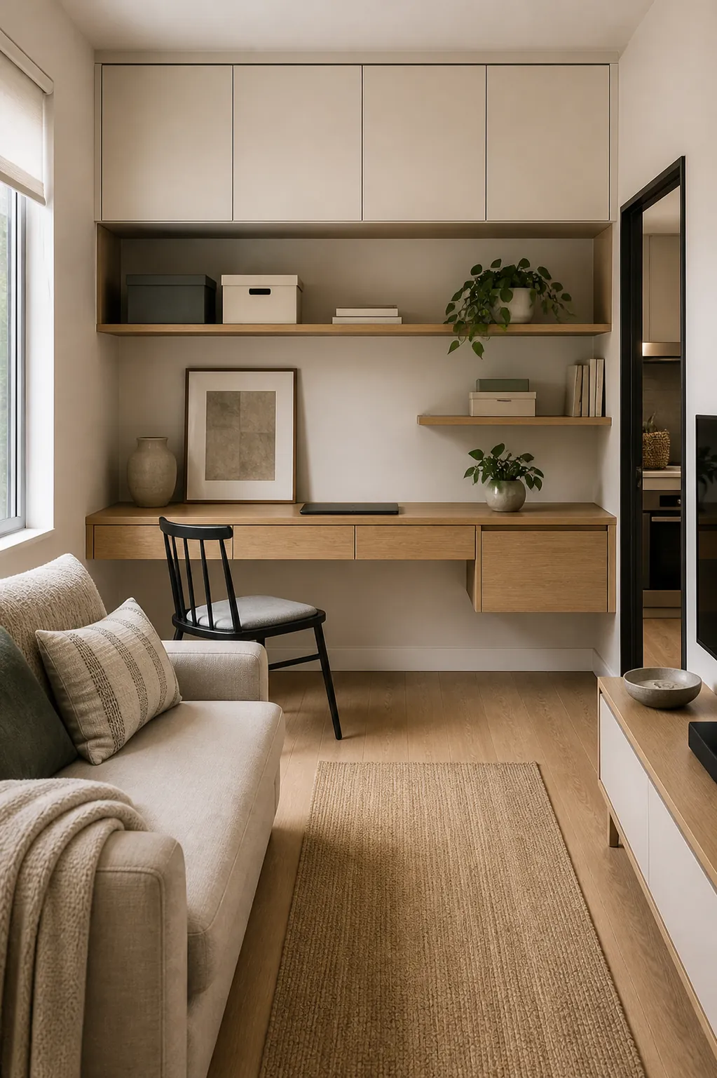 Wall mounted storage shelves and closed cabinets in a small apartment for clutter free organization