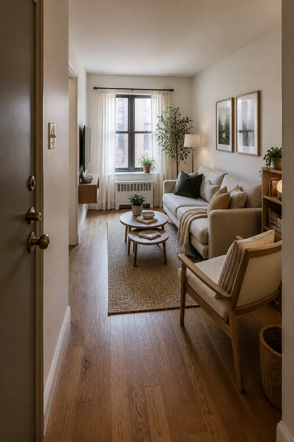 Small apartment living room layout with a clear walking path beside the rug
