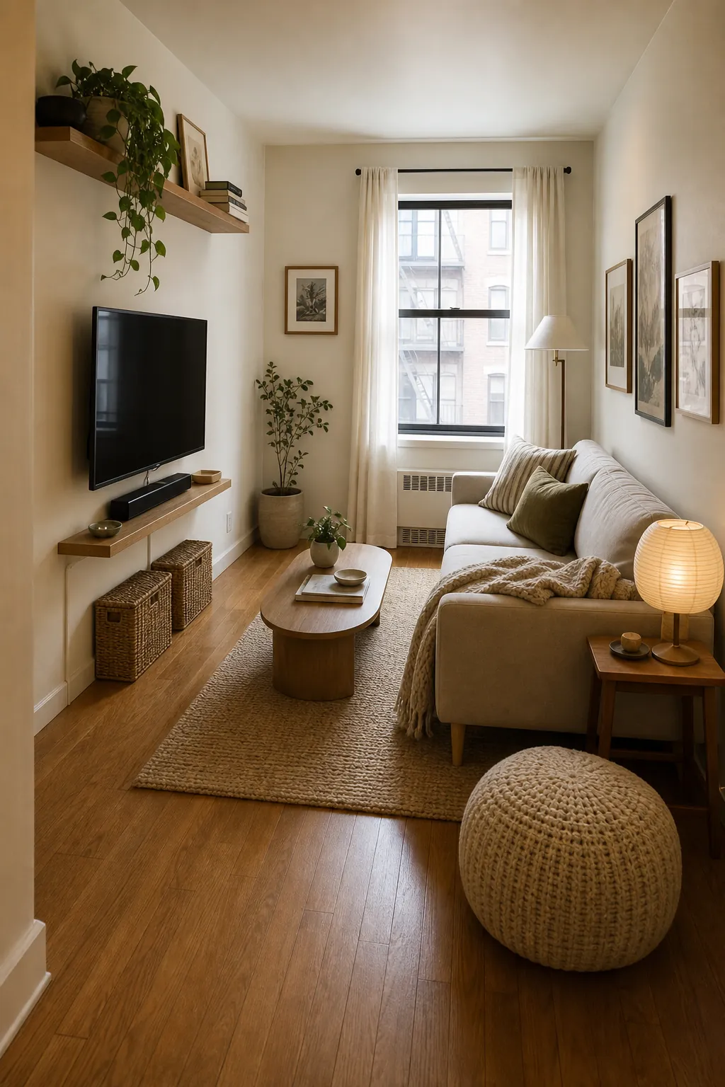 Narrow small apartment living room with a shallow TV wall and open traffic flow