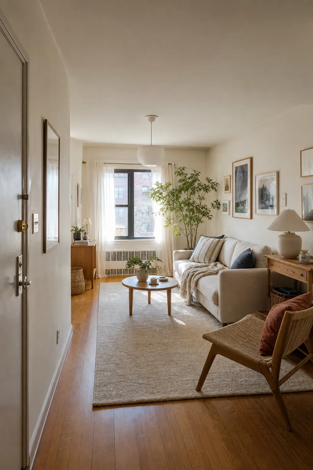 Small apartment living room with clear traffic flow and compact furniture placement