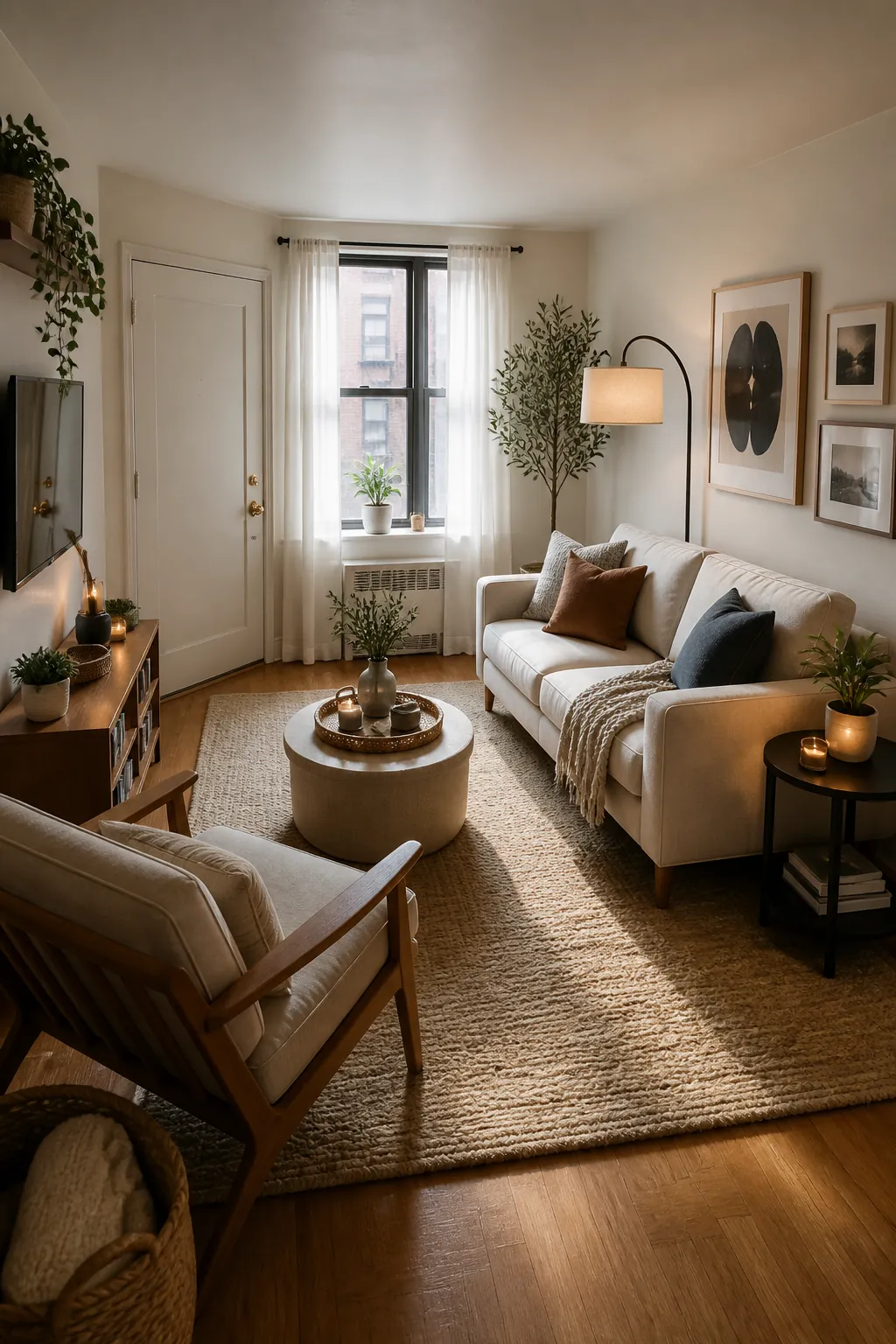Compact sofa placement that improves room flow in a small apartment living room