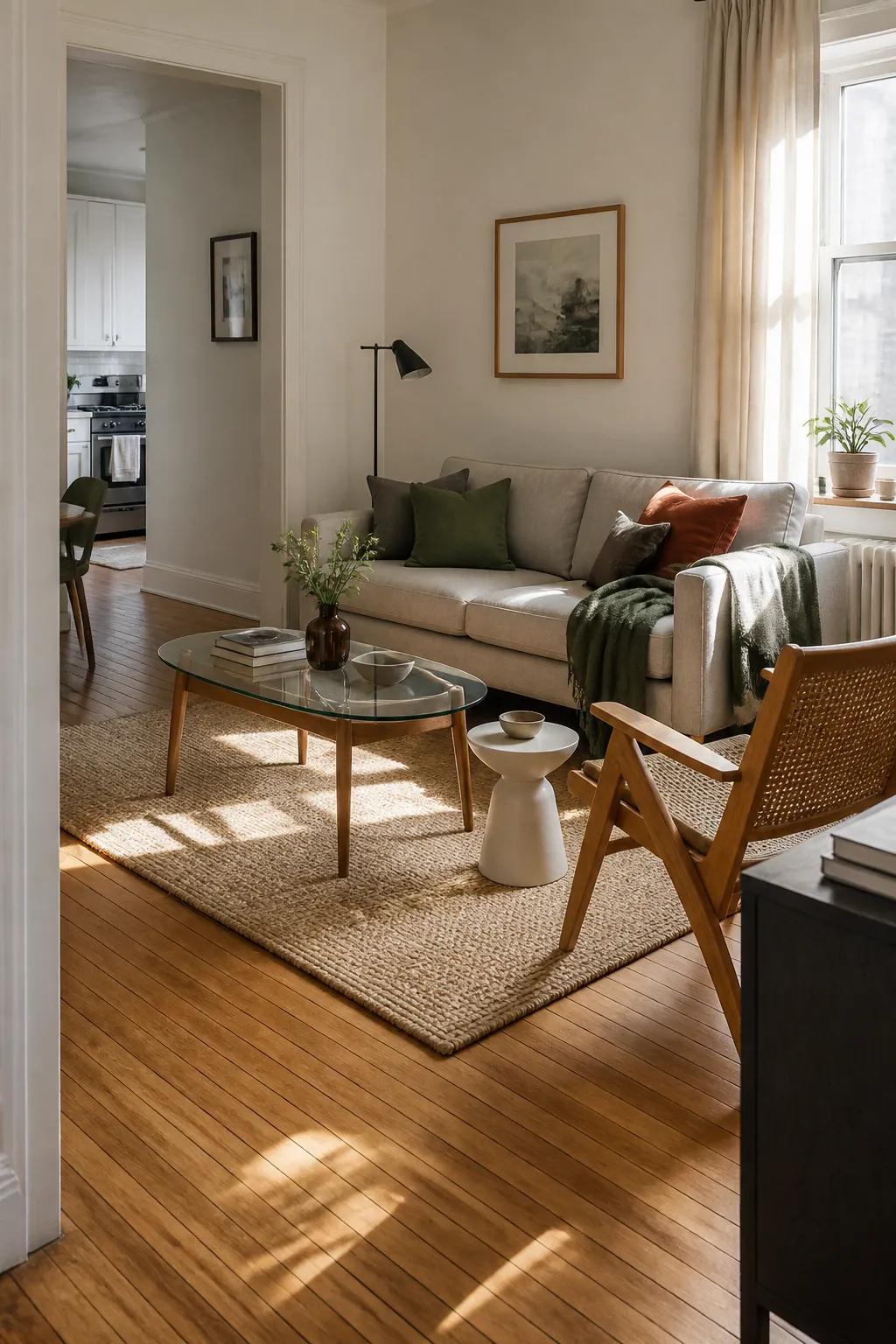 Leggy furniture keeps the floor visually open in a small apartment living room