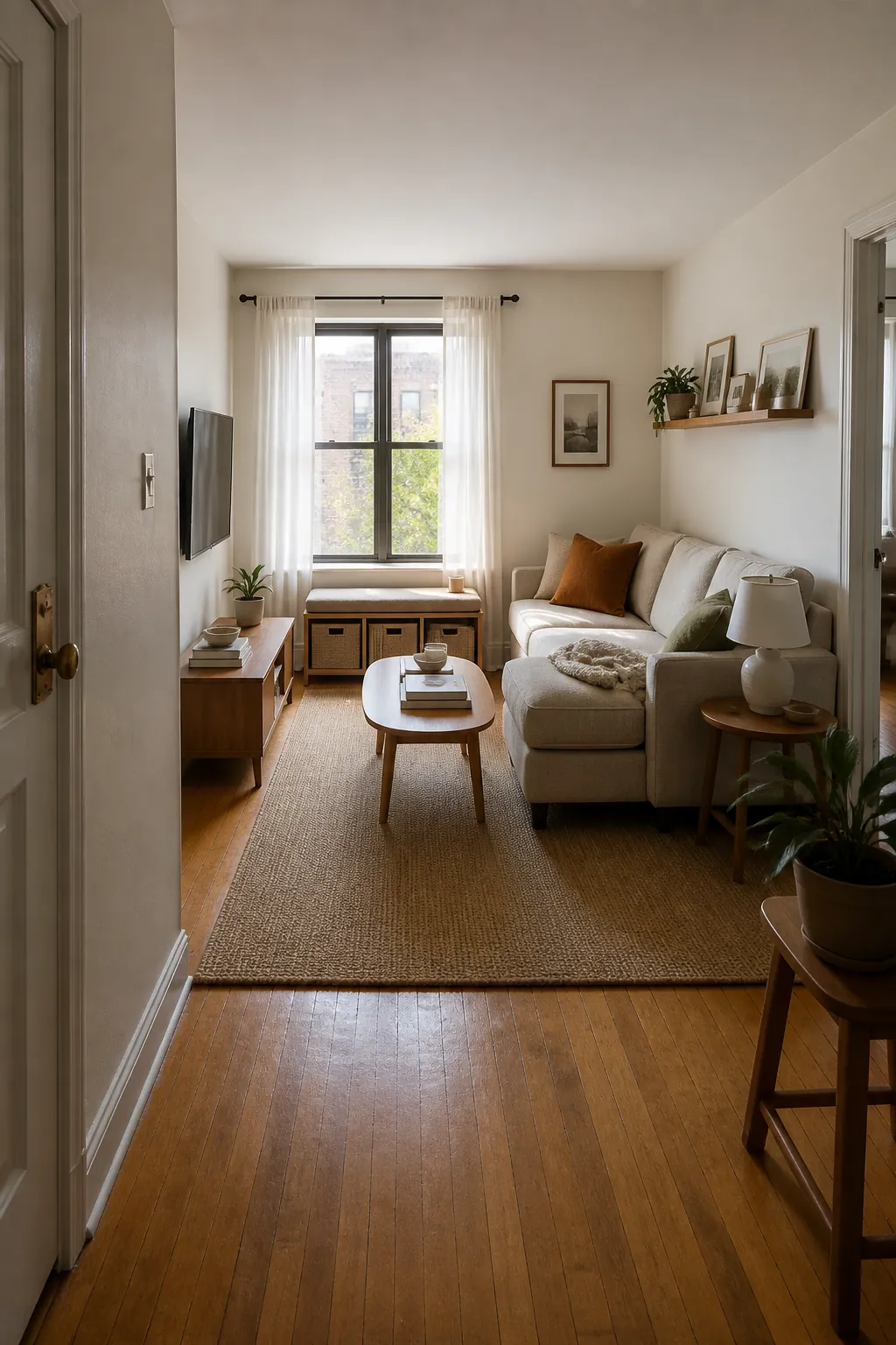 Corner sofa in a tiny apartment living room with an open walkway