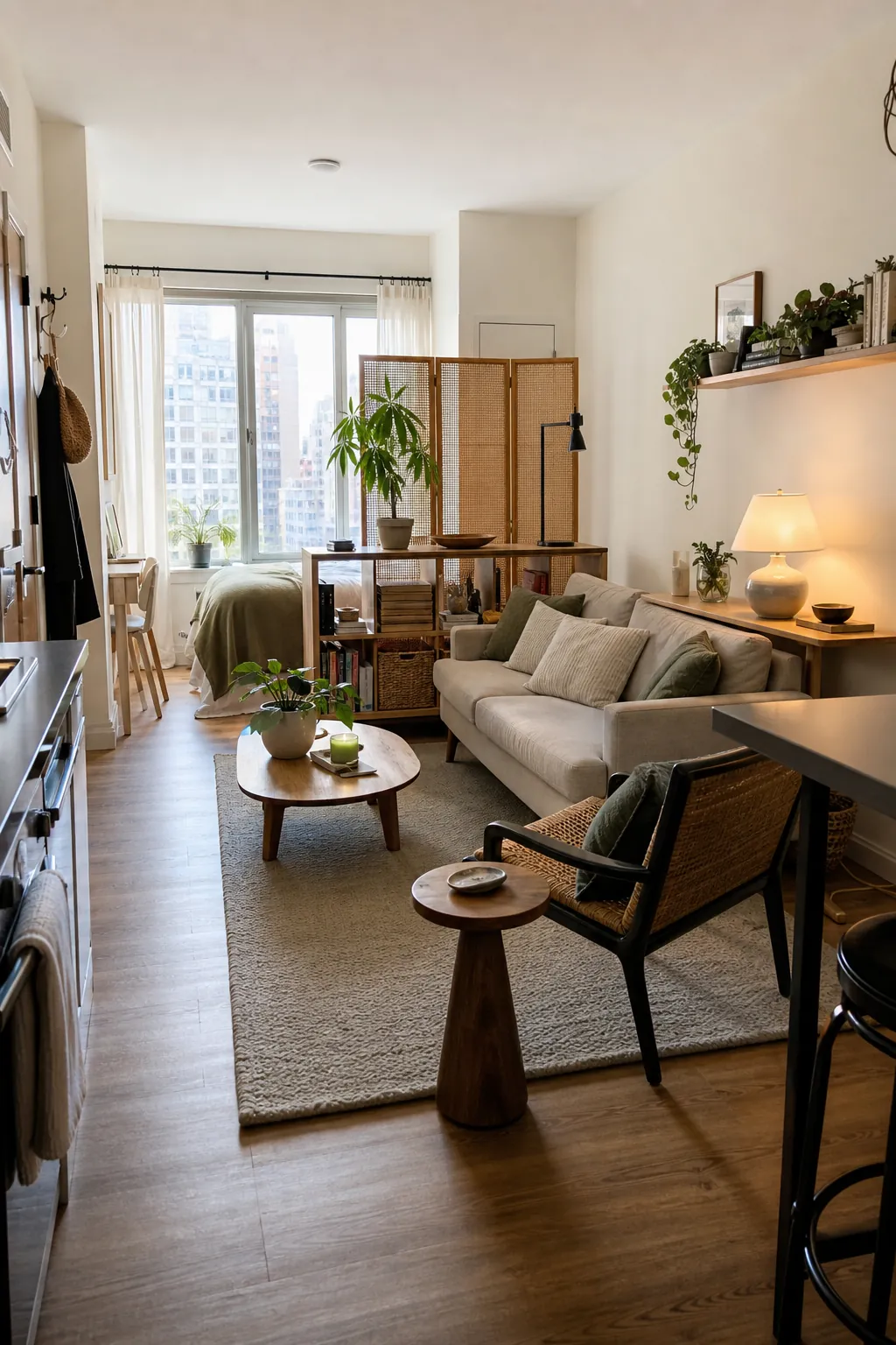 Studio apartment living room zone with open sightlines and better traffic flow