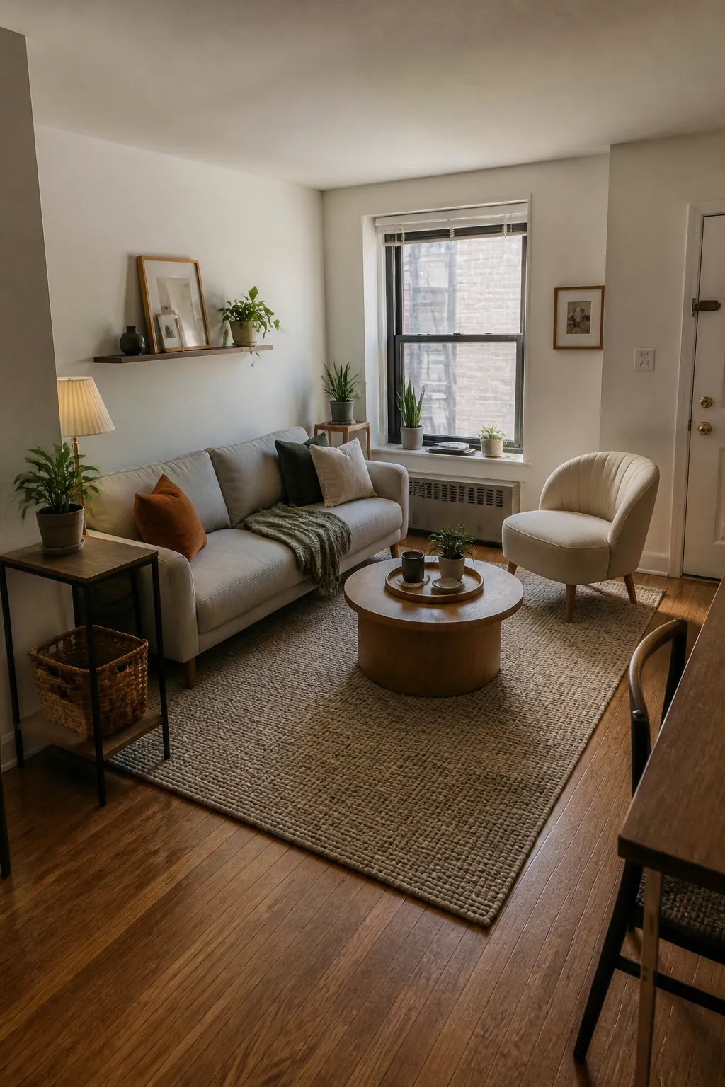 Round coffee table improving traffic flow in a small apartment living room