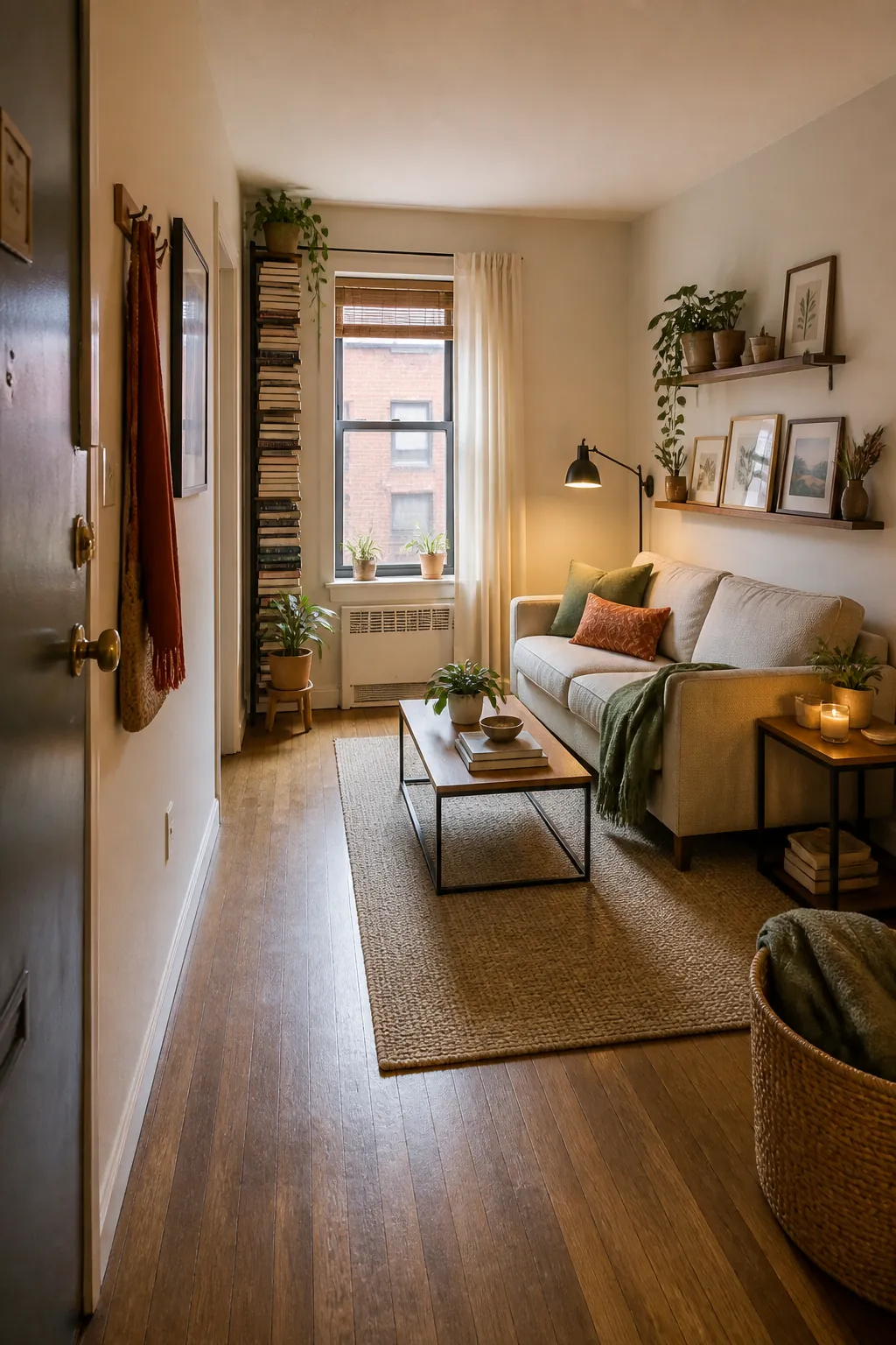 Vertical storage in a small apartment living room keeps the floor clear for flow