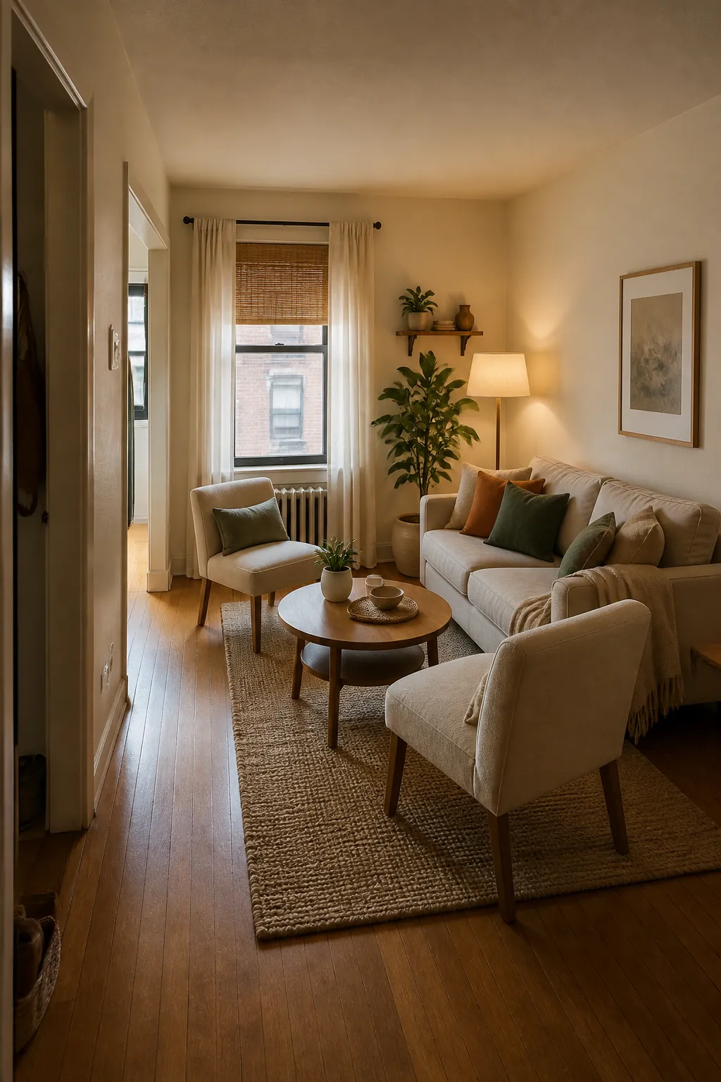 Conversation layout in a small apartment living room with one open entry path