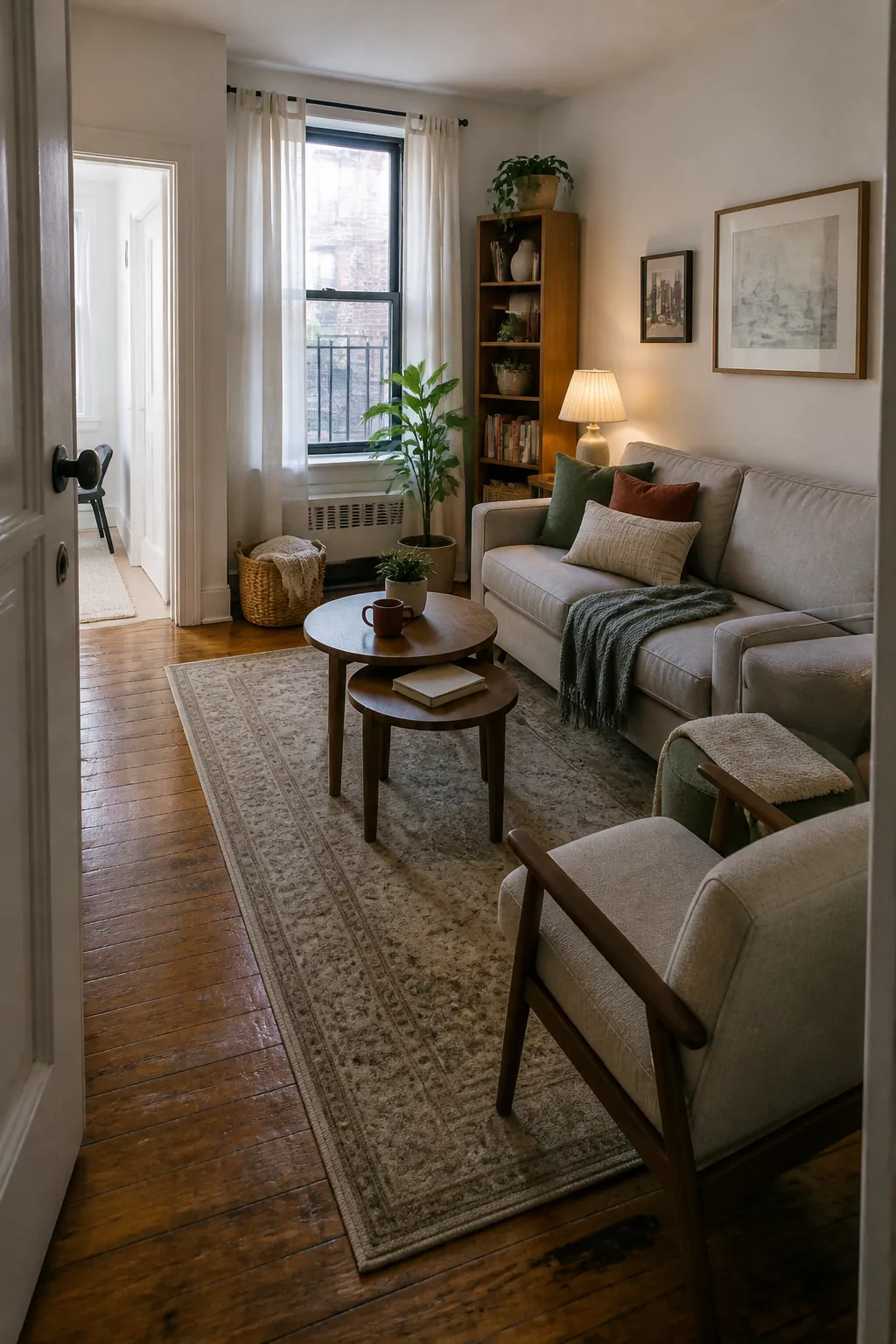 Flexible small apartment furniture keeps living room traffic flow clear