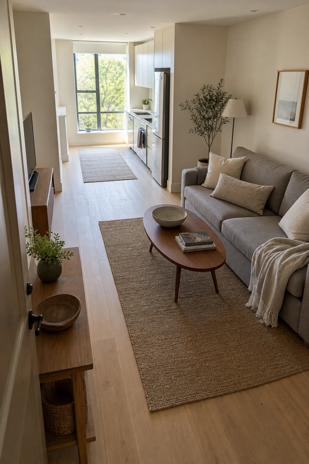 Small apartment furniture layout with a clear walkway and warm natural decor