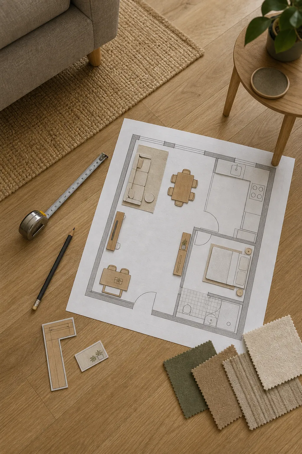 Apartment floor plan with compact furniture zones and open walking paths