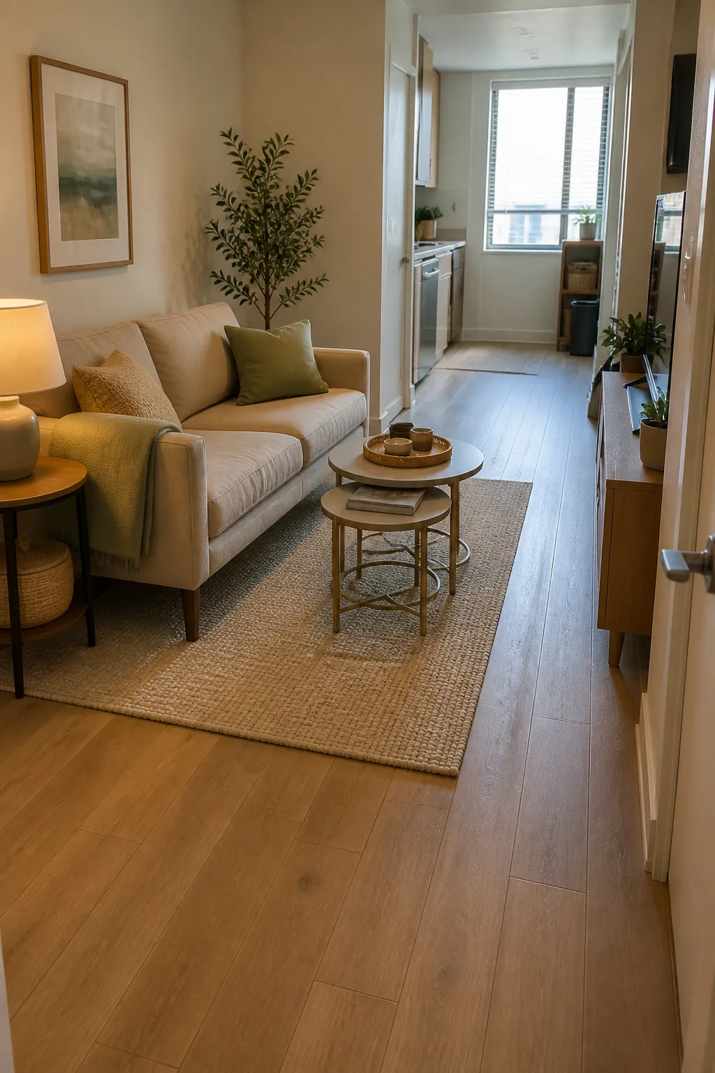 Compact sofa layout with nesting tables and clear small living room walkway