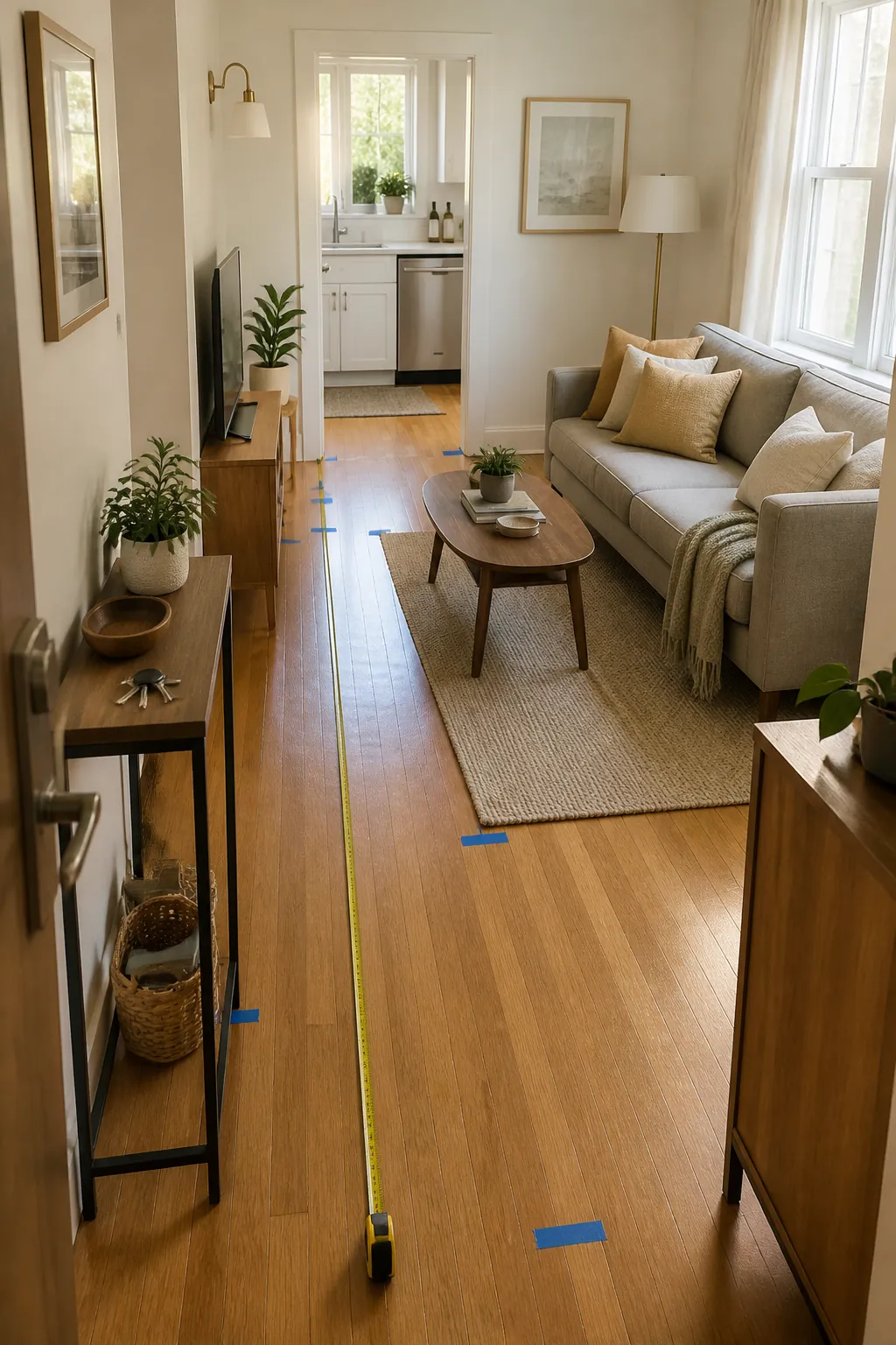 Small apartment living room with measured walkway clearance between furniture