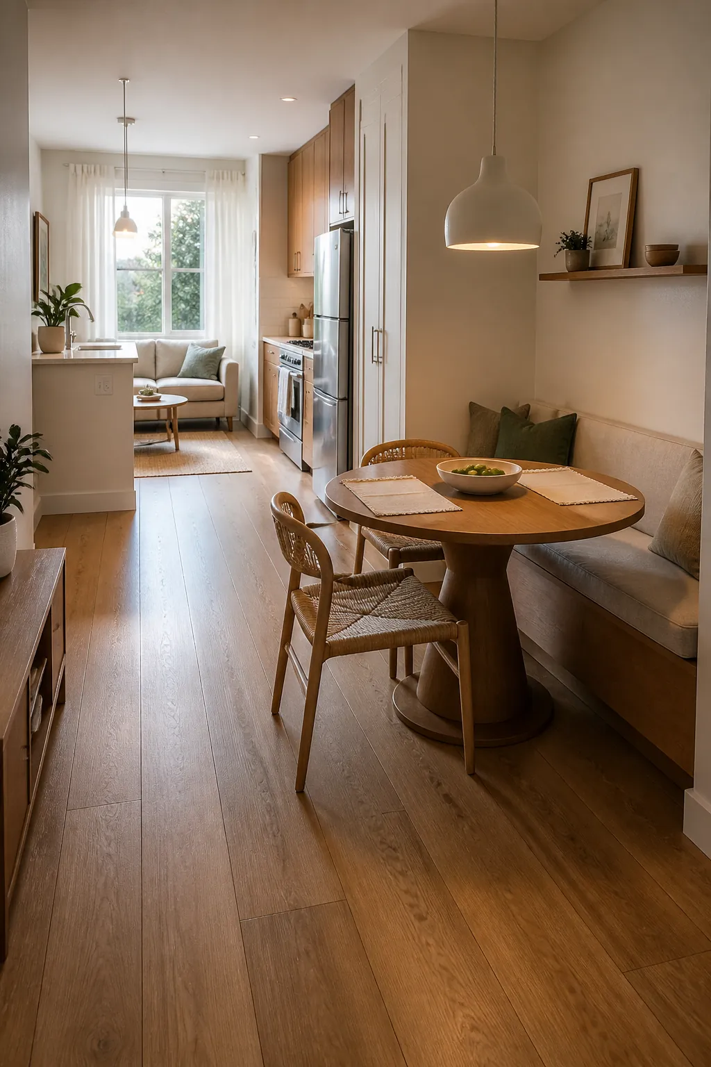 Small apartment dining area with round table and clear chair clearance