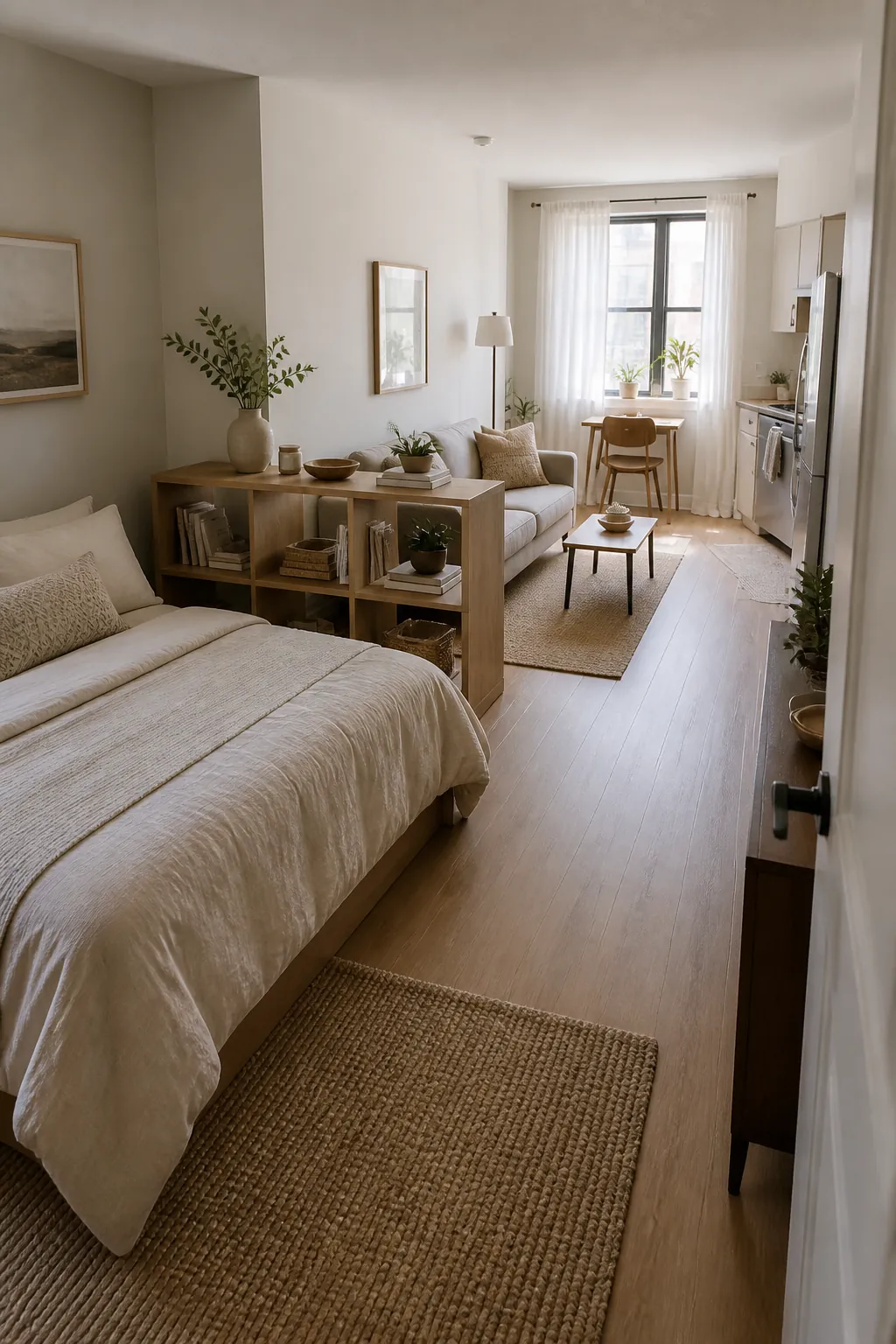 Studio apartment bed divider with open shelving and a clear walkway