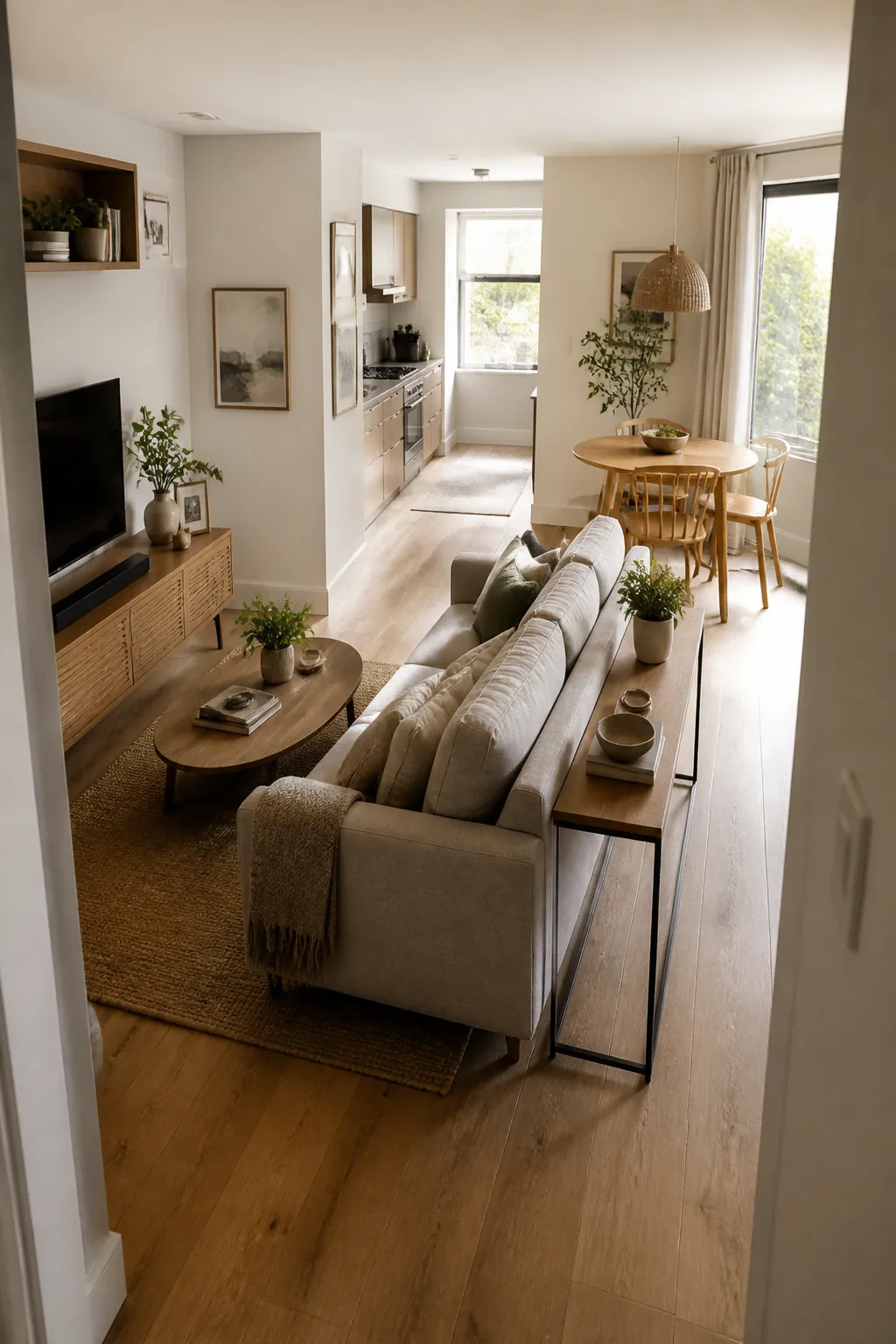 Floating sofa arrangement that preserves room flow in a small apartment