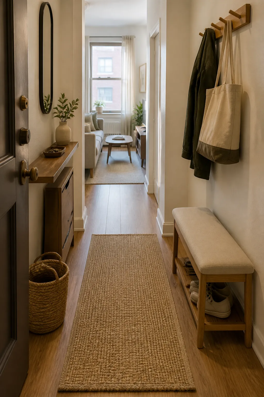 Narrow apartment entryway with slim furniture placement and open walkway