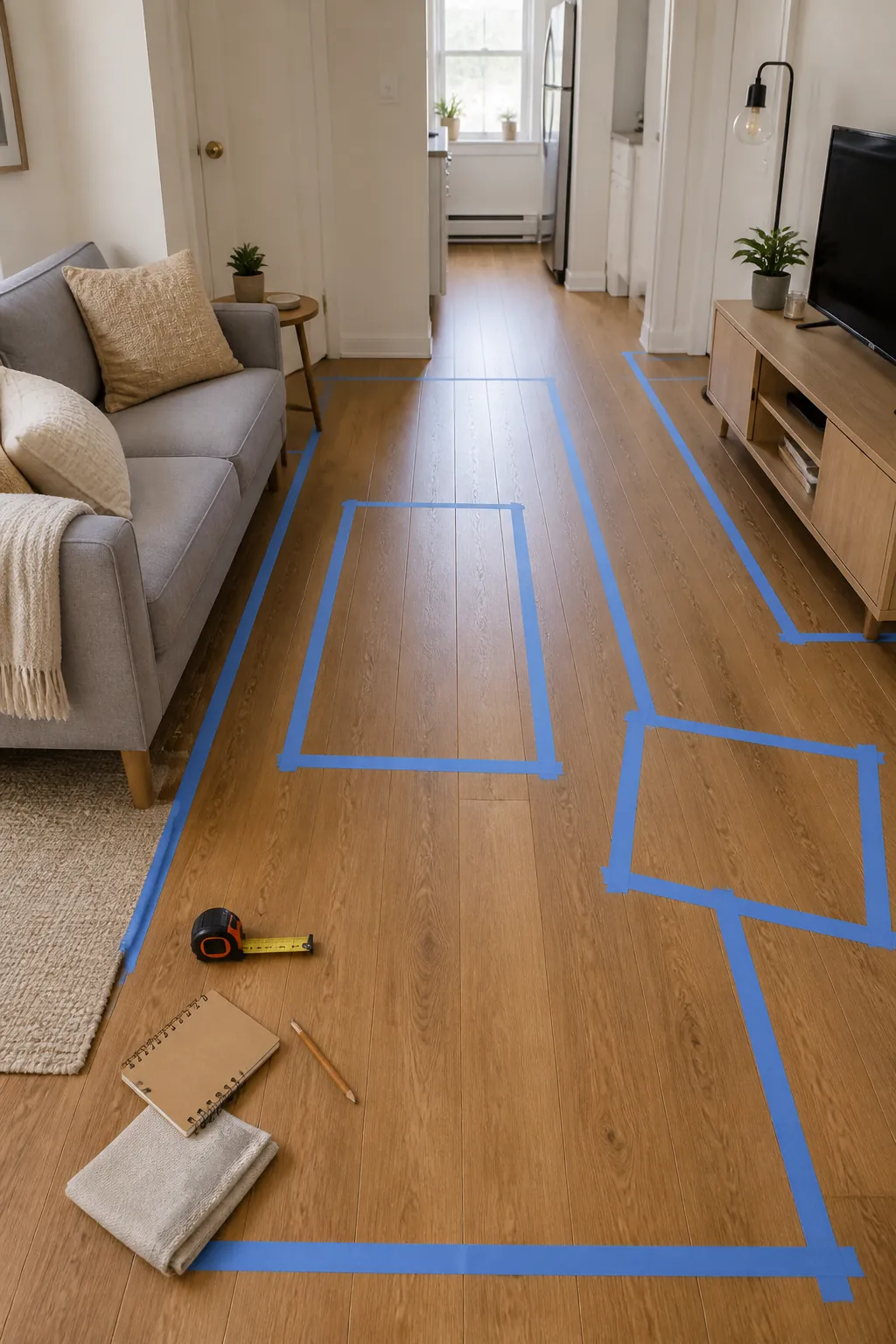 Painter's tape furniture placement test for a small apartment walkway