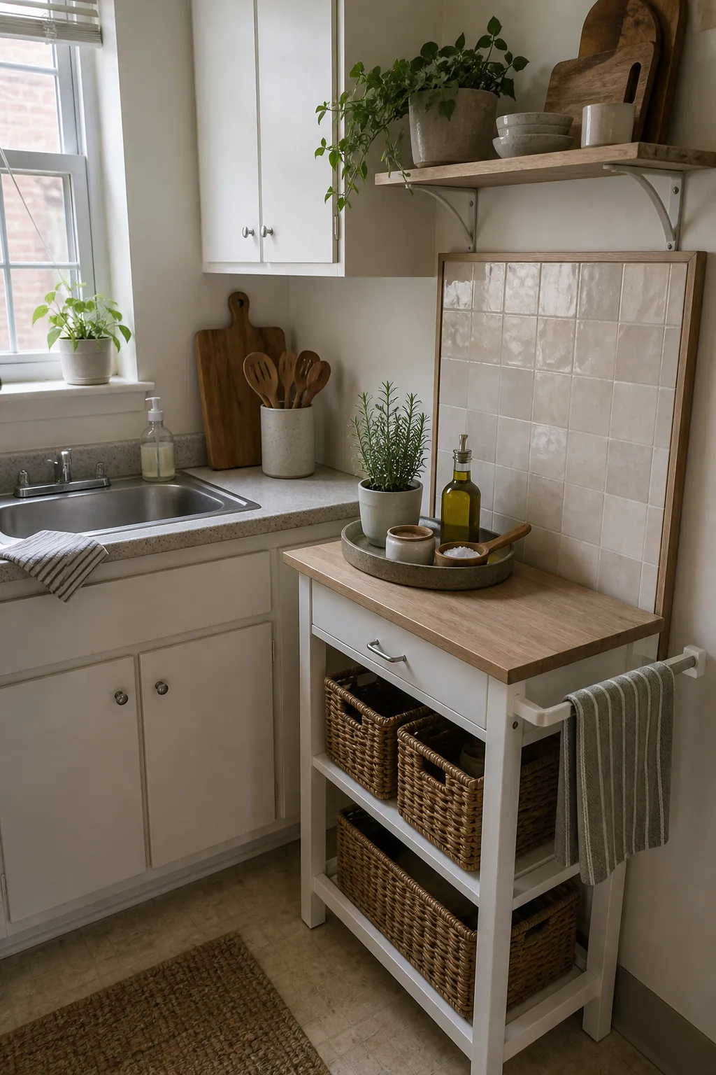 Peel and stick decor on a removable kitchen backsplash panel in a rental apartment