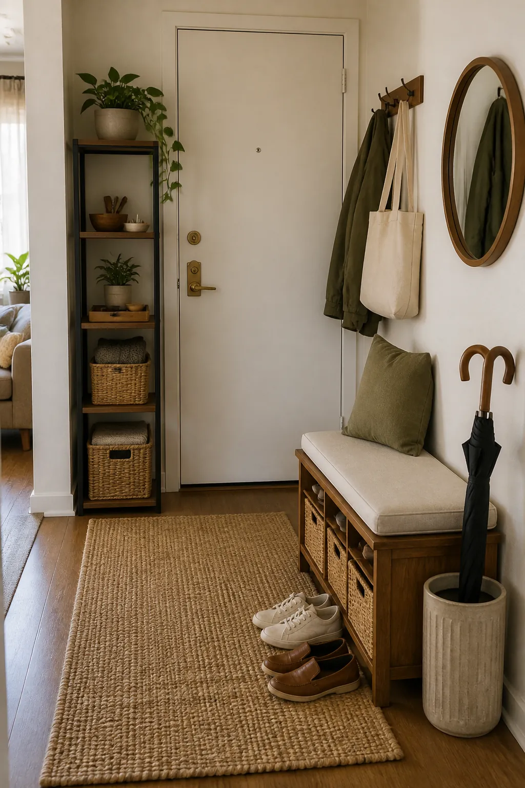 Renter friendly entryway storage bench and vertical hooks in a small apartment