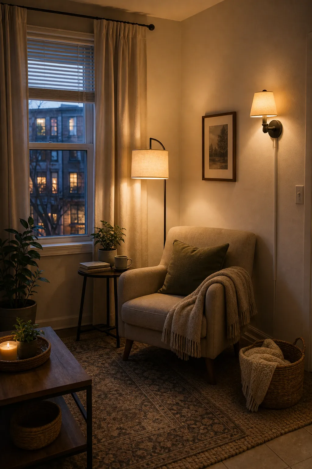 Rental apartment lighting upgrade with plug-in lamps curtains and layered rugs