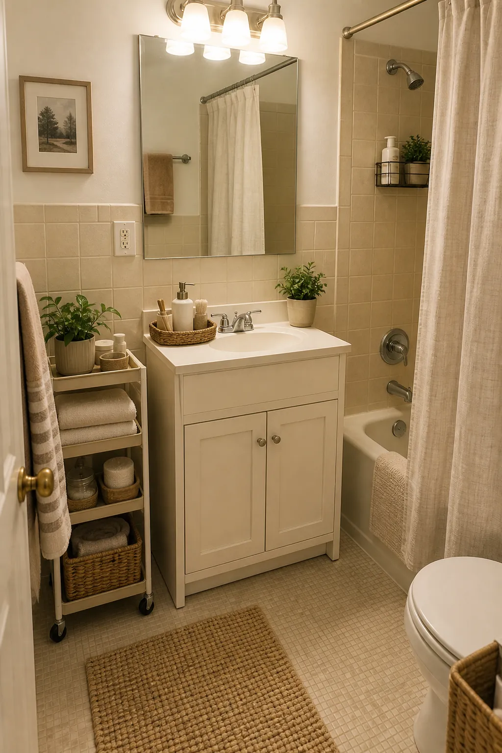 No renovation rental bathroom refresh with removable storage and soft textiles
