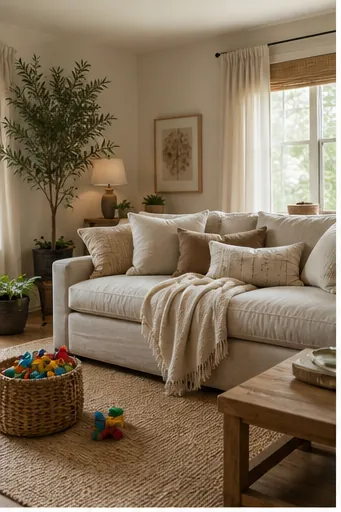 cozy natural family living room with linen sofa, wood table, woven rug, storage baskets, and greenery