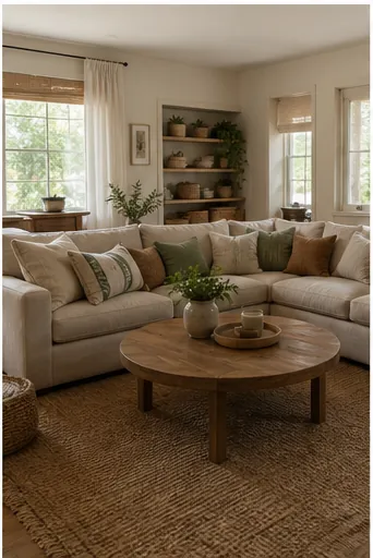 Cozy Natural Living Room Ideas for Everyday Family Life - use a few soft colors so neutral does not go flat