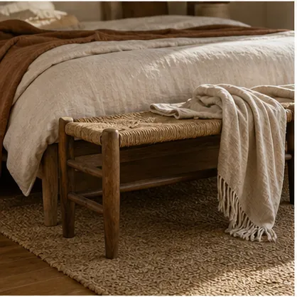 How to Create a Relaxing Bedroom With Earthy Materials - use wood to ground the soft surfaces