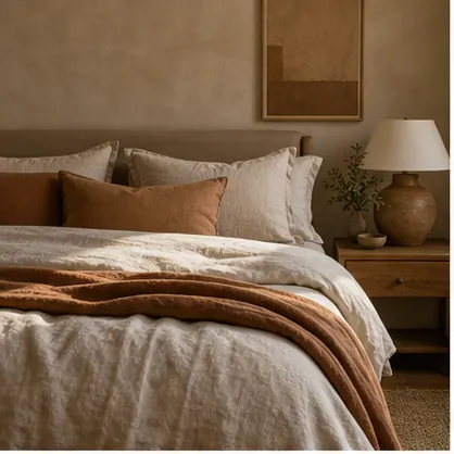 relaxing earthy bedroom with linen bedding, warm wood, woven bench, clay ceramics, and soft daylight