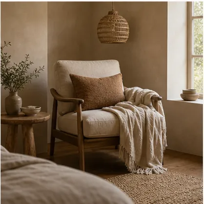 How to Create a Relaxing Bedroom With Earthy Materials - use texture where the eye lands first