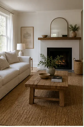 warm natural home decor with wood furniture, woven rug, cozy lamp light, neutral textiles, and greenery