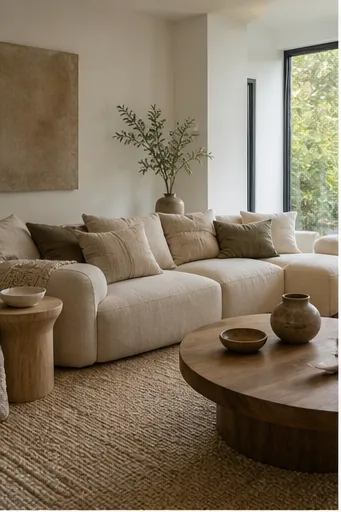organic modern living room with sculptural sofa, wood coffee table, stoneware, linen pillows, and greenery