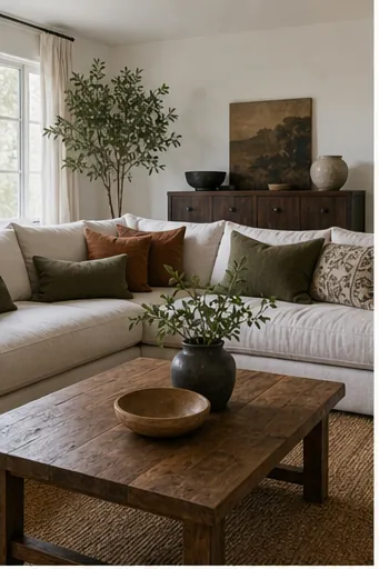 natural home interior with warm neutrals, wood accents, greenery, clay ceramics, and layered texture beyond beige
