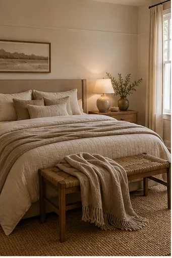 warm beige bedroom with layered bedding, soft lighting, wood accents, textured rug, and neutral decor