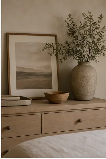 Beige Dresser Styling Ideas for a Calm Bedroom - group small items on a tray