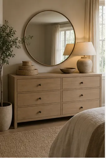 calm beige dresser styling with mirror, ceramic lamp, tray, warm neutral decor, and bedroom storage