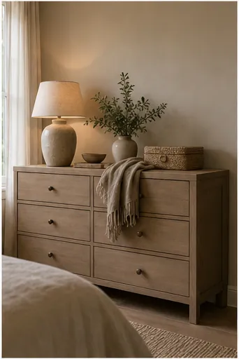 Beige Dresser Styling Ideas for a Calm Bedroom - use ceramic and wood instead of more beige fabric