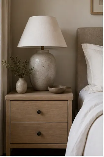 soft beige nightstand decor with ceramic lamp, linen bedding, small tray, warm neutrals, and calm bedroom styling