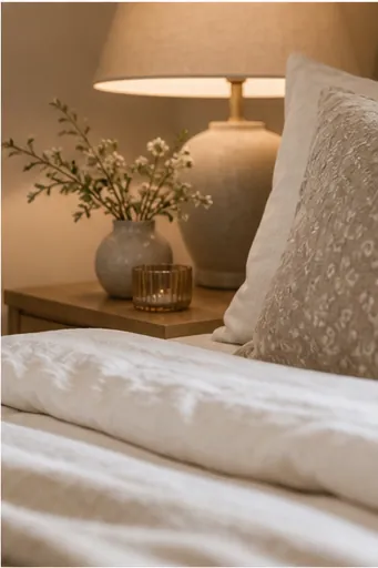 Beige Nightstand Decor Ideas for a Soft Bedroom Look - choose one warm metal or wood detail