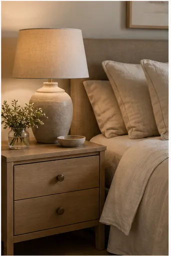 Beige Nightstand Decor Ideas for a Soft Bedroom Look - let bedding soften the nightstand