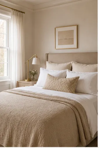 elegant beige bedroom with white bedding, brushed gold accents, warm lighting, and neutral layered decor