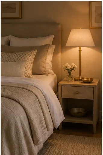 Beige Bedroom Ideas With Gold and White Accents - use lighting to soften the shine