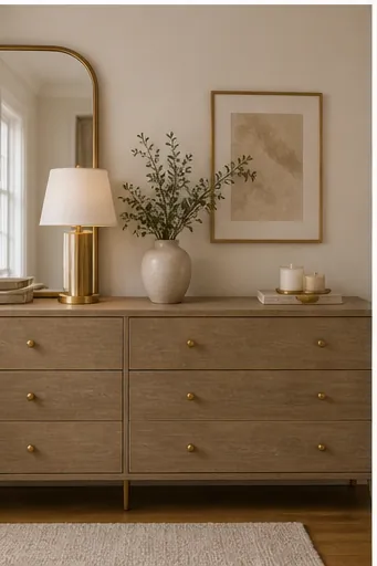 Beige Bedroom Ideas With Gold and White Accents - keep the dresser styling light