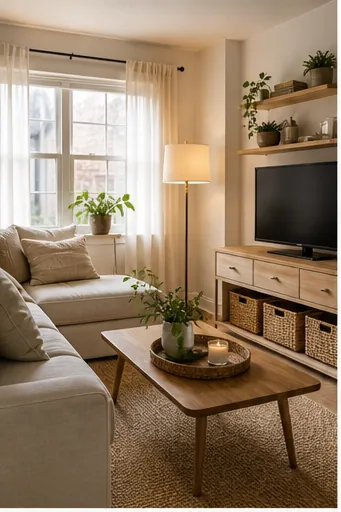small apartment living room with layered lighting, hidden storage, textured decor, warm neutrals, and compact furniture