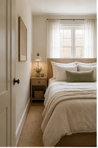 small bedroom layout with storage bed, wall shelves, compact nightstand, woven baskets, and clear walking space