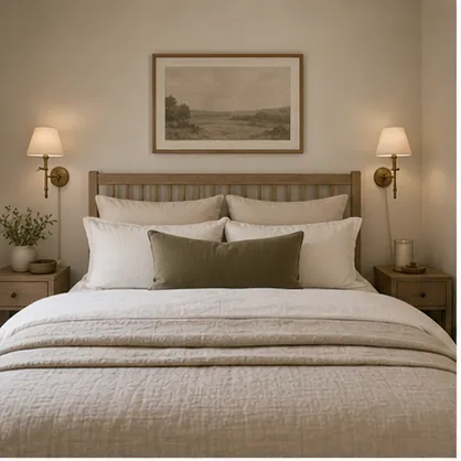 calm small bedroom with soft lighting, neutral bedding, compact storage, pale wood, and clear floor space