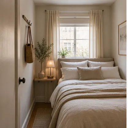 small bedroom where the bed takes up most of the room with under-bed storage, wall shelf, sconce, and clear path