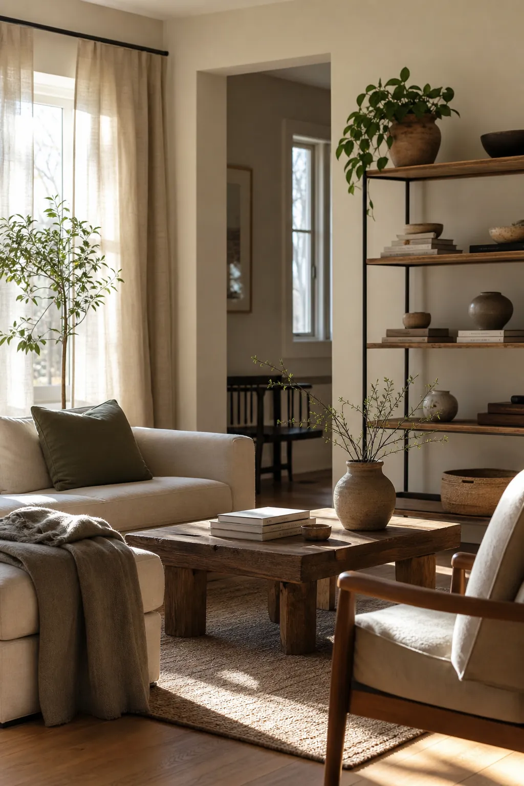 Serene natural living room with warm neutral decor and calm existing furniture arrangement