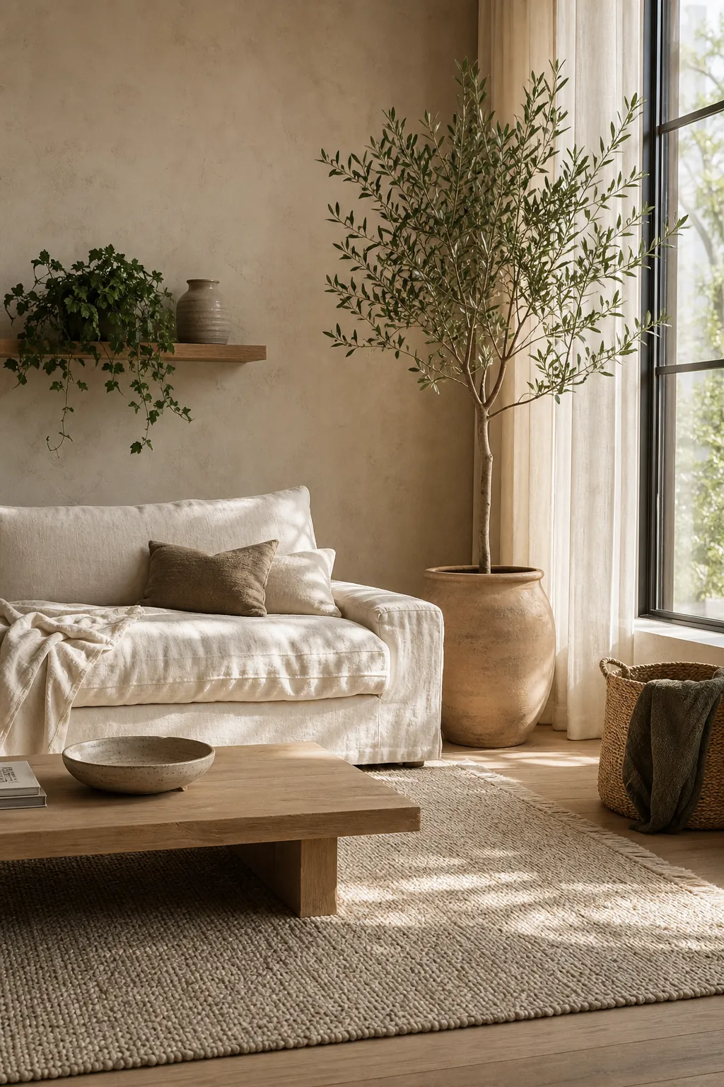 Warm minimalist room with textured neutral decor and indoor plants